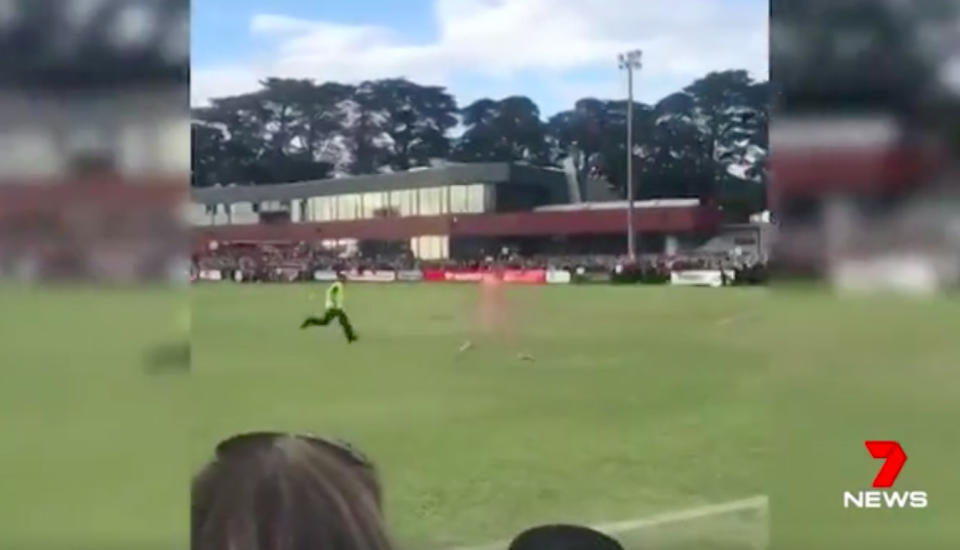 After a few beers at a local football grand final in Frankston, Lucas Garth decided to show off more than just his fancy footwork. Source: 7 News