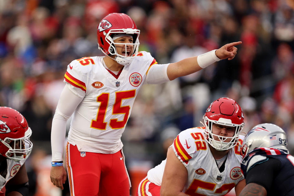 FOXBOROUGH, MASSACHUSETTS – DECEMBER 17: Patrick Mahomes #15 of the Kansas City Chiefs calls a play during the second half against the New England Patriots at Gillette Stadium on December 17, 2023 in Foxborough, Massachusetts. (Photo by Maddie Meyer/Getty Images)