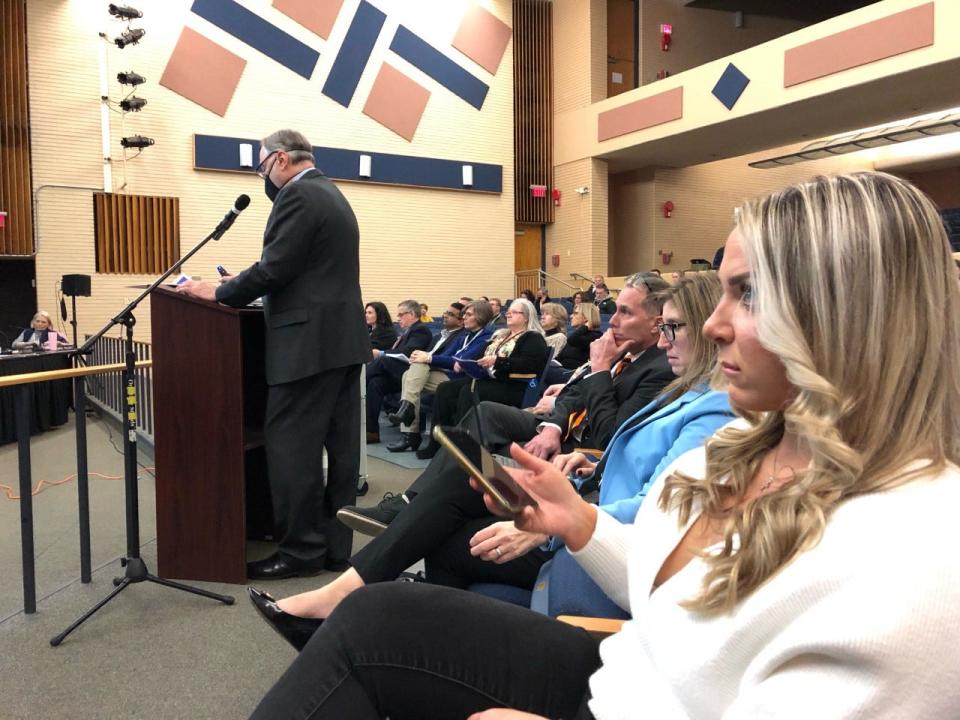 Dean Kaplan of PFM Group Consulting presents a report on the feasibility of a merger between the Pennsbury and Morrisville school districts to a group of school board members and residents Tuesday evening at Pennsbury High School East.