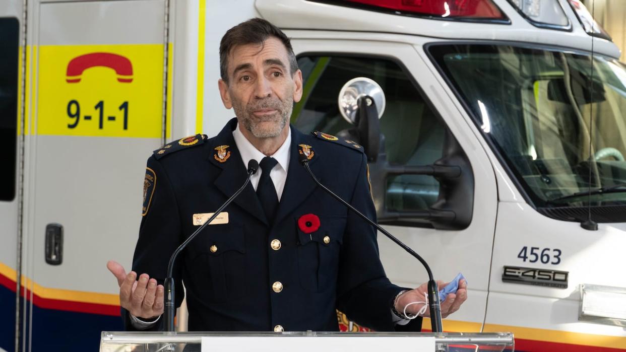 Ottawa's paramedic Chief Pierre Poirier takes part in a news conference in November 2022. Poirier says he received word in the last few days that the province has questions about how a pilot program using taxis to transport some patients would work.  (Jean Delisle/CBC - image credit)