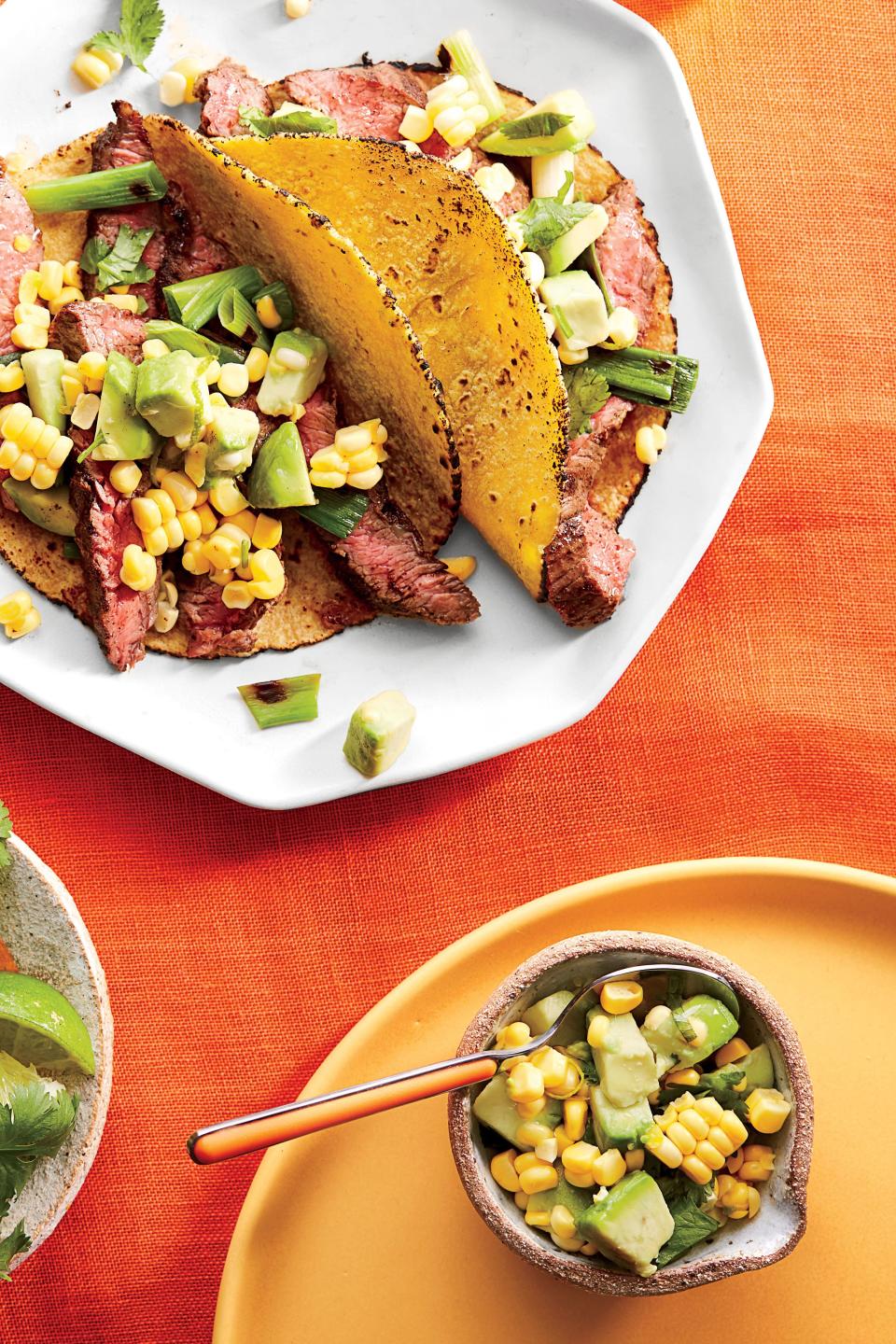 Skirt Steak Soft Tacos with Avocado-Corn Salsa