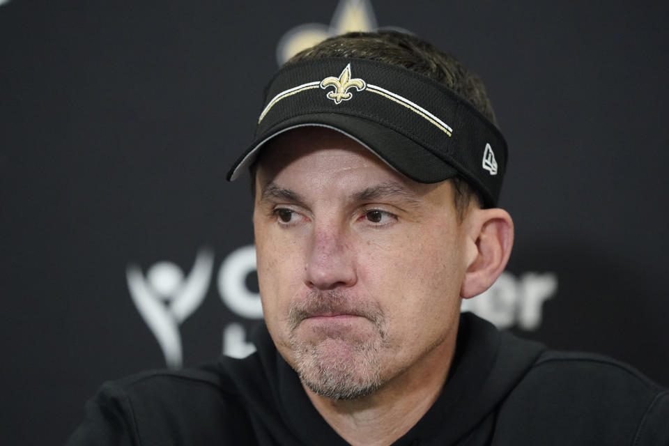 New Orleans Saints head coach Dennis Allen answers questions after an NFL football game against the Los Angeles Rams, Thursday, Dec. 21, 2023, in Inglewood, Calif. (AP Photo/Ryan Sun)