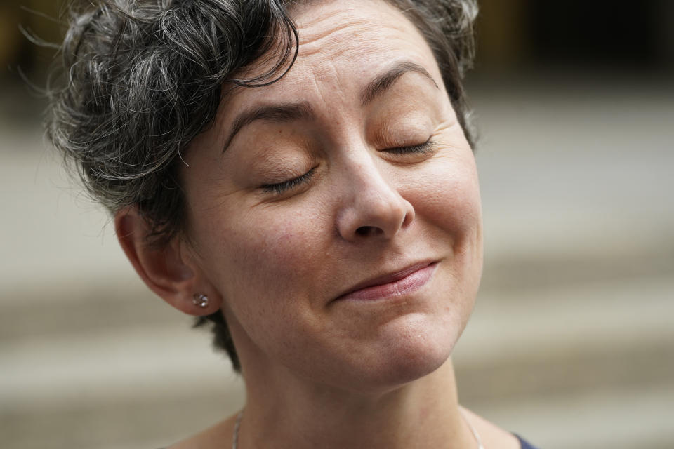 Sexual assault survivor Marissa Hoechstetter speaks to members of the media after sentencing proceedings concluded for convicted sex offender Robert Hadden outside Federal Court, Tuesday, July 25, 2023, in New York. (AP Photo/John Minchillo)