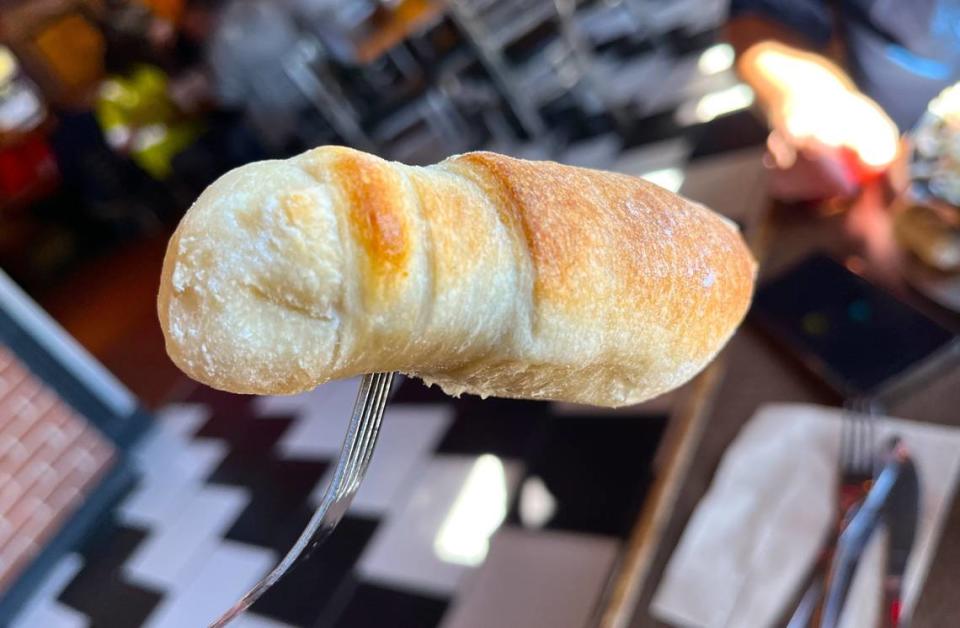 A garlic-less bread stick at Ingleside Village Pizza shows the structure of the eatery’s beloved appetizer.