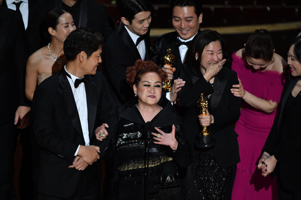 The cast and producers of Parasite accept the award for Best Picture at the Oscars on Feb. 9, 2020. (Photo by MARK RALSTON/AFP via Getty Images)