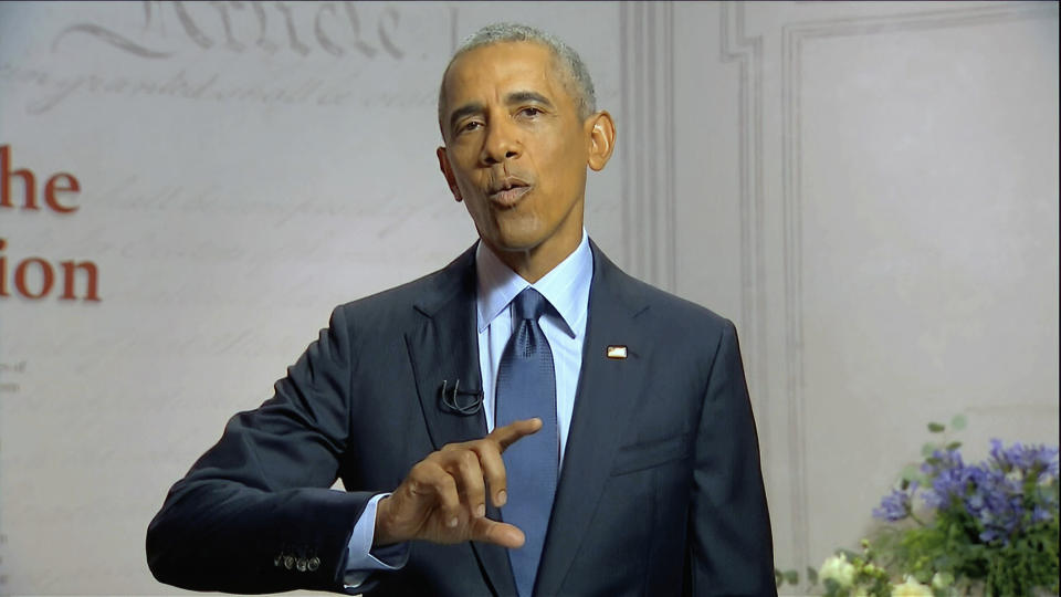 In this image from video, former President Barack Obama speaks during the third night of the Democratic National Convention on Wednesday, Aug. 19, 2020. (Democratic National Convention via AP)