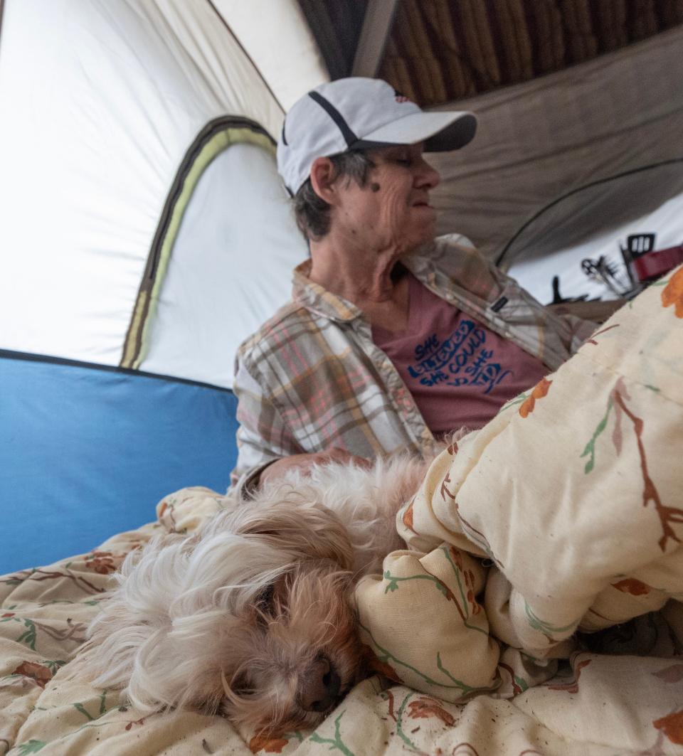 Susie cuddles up in the blankets as owner Melissa McLean relaxes and talks with another camper at the homeless camp in the Toms River woods. McLean’s tent is often a gathering place for conversation, since she has a coffee pot.