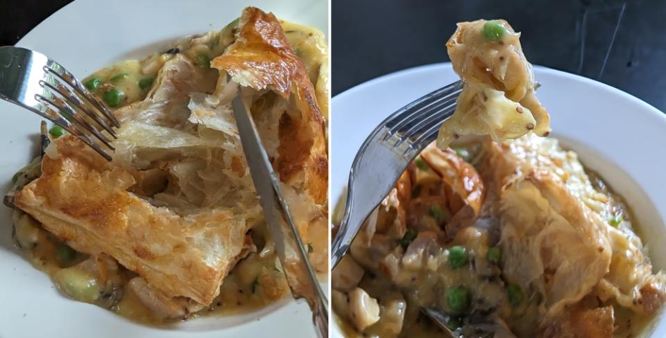 Tearing into the puff pastry top of the pie (left). A perfect bite of pie (right).