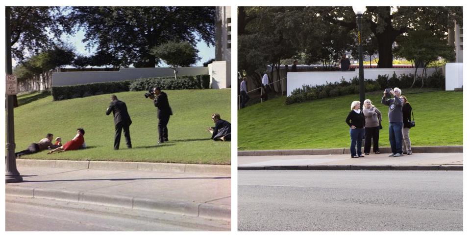 A combination picture shows eyewitnesses to the assassination of President John F. Kennedy covering their children after shots were fired at President Kennedy in Dallas in 1963, and the same site in November 2013