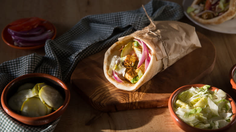 tofu shawarma pitas on table 