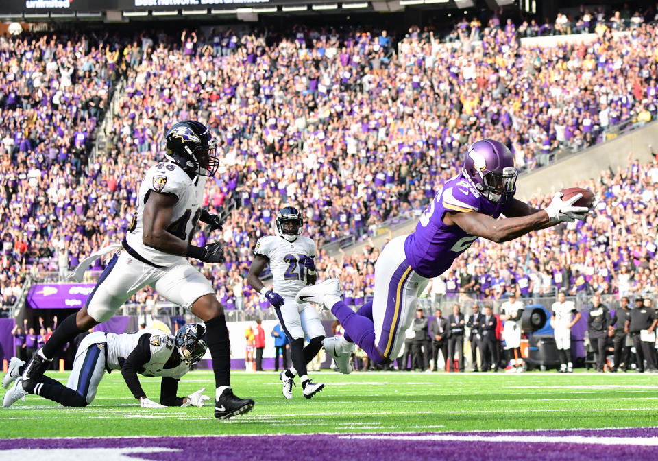 <p>Minnesota Vikings running back Latavius Murray (25) dives across the goal line for a touchdown at the end of a 29-yard run during a NFL game between the Minnesota Vikings and Baltimore Ravens on October 22, 2017 at U.S. Bank Stadium in Minneapolis, MN.The Vikings defeated the Ravens 24-16.(Photo by Nick Wosika/Icon Sportswire via Getty Images) </p>