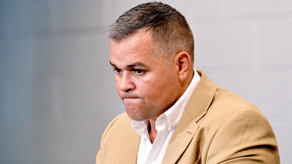 Pictured here, Anthony Seibold addresses the media at an NRL post-match press conference.