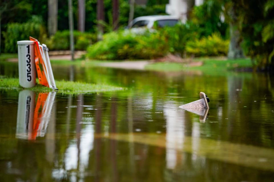 A cone is submerged on a flooded part of Gulf Shore Boulevard South as rain falls in Naples on Tuesday, June 11, 2024.