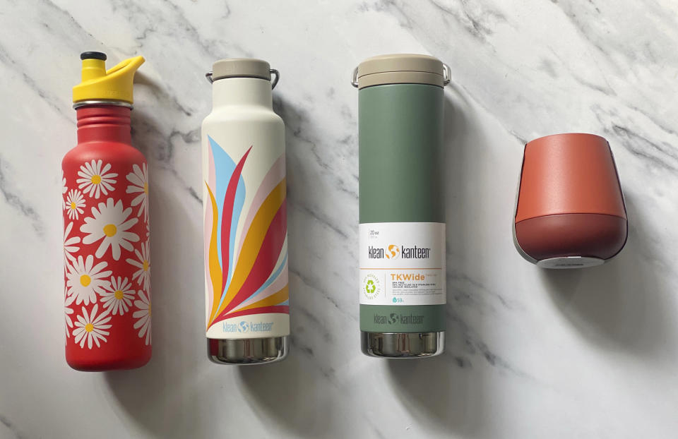 This April 2023 image shows portable drink containers by Klean Kanteen. The company, a long-standing B Corp., offers products made with 90% post-consumer recycled stainless steel, which results in a significant reduction in steel greenhouse gases. (Katie Workman via AP)