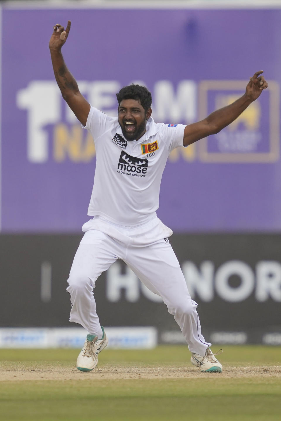 Sri Lanka's Prabath Jayasuriya unsuccessfully appeals for the wicket of Pakistan's Imam-ul-Haq during the fifth day of the first cricket test match between Sri Lanka and Pakistan in Galle, Sri Lanka on Thursday, July 20, 2023. (AP Photo/Eranga Jayawardena)