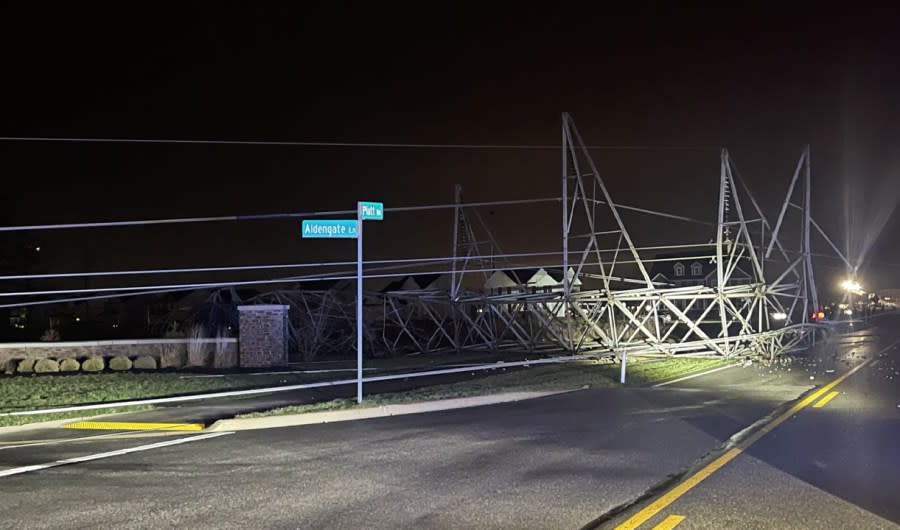 A power tower is down after storms ripped through Delaware County, March 15, 2024. (NBC4/Kyle Beachy)