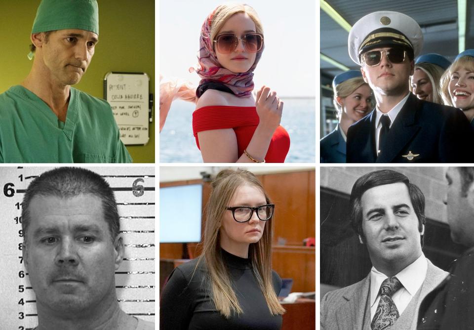 Photo credit: Nicole Wilder/Bravo(Dirty John); California Department of Corrections(Meehan);  Aaron Epstein/Netflix(Inventing Anna); TIMOTHY A. CLARY/AFP/Getty Images(Sorokin); DreamWorks/Getty Images(Catch Me If You Can); Kenn Bisio/The Denver Post/Getty Images(Abagnale)