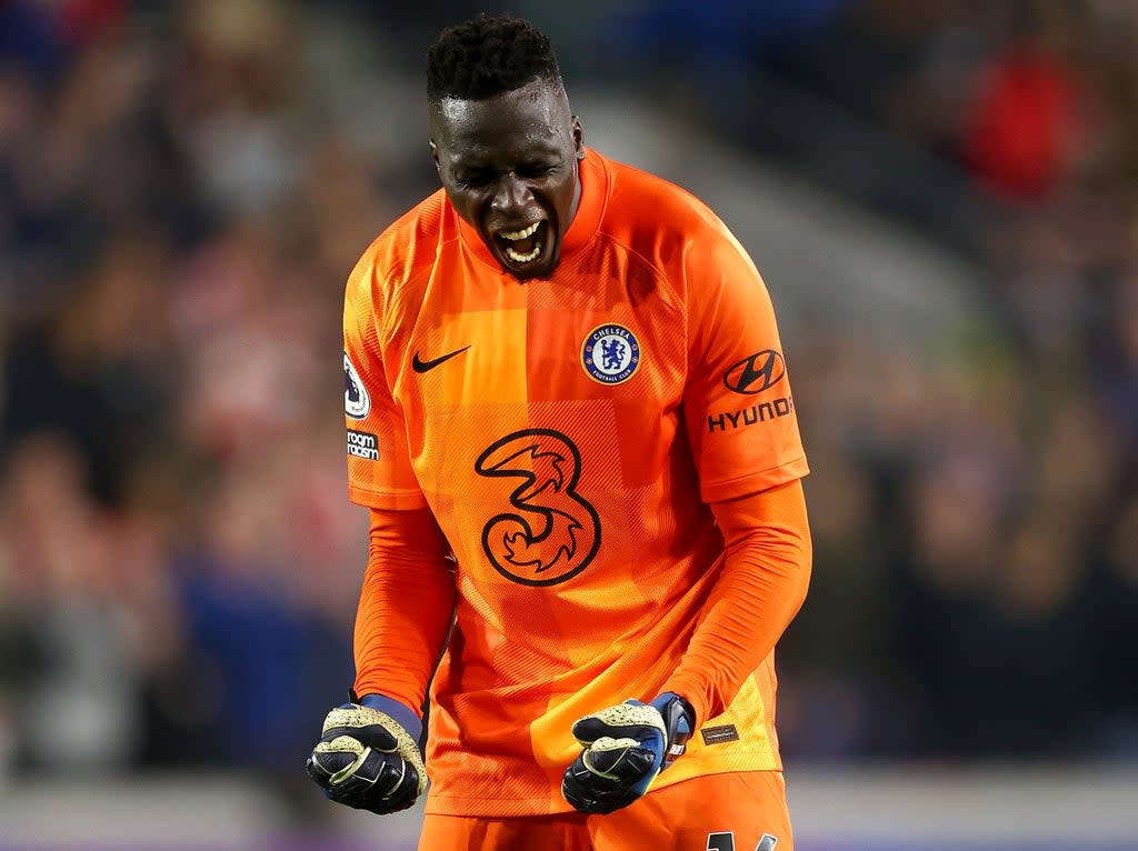 Chelsea goalkeeper Edouard Mendy celebrates his side’s win at Brentford (Getty Images)
