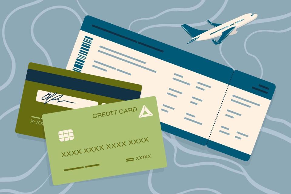 Airlines plane and ticket with credit cards