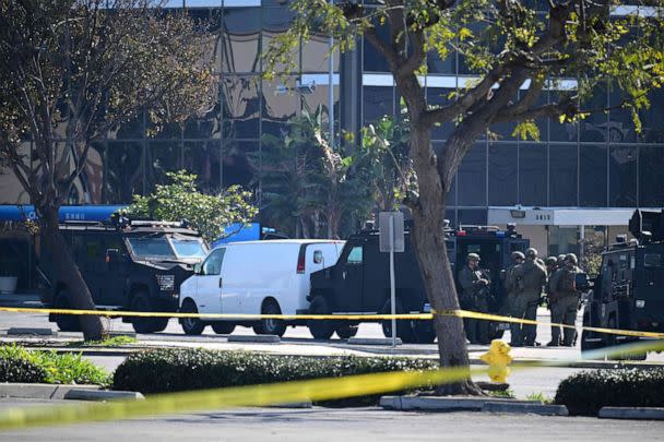 PHOTO: Law enforcement personnel are seen outside the site in Torrance, Calif., where the alleged suspect in the mass shooting in which 10 people were killed in Monterey Park, Calif. on Jan. 22, 2023. (Robyn Beck/AFP via Getty Images)