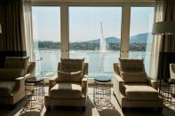 The lake Leman and the jet dÕeau (water fountain) are pictured from the suite of the Fairmont Grand Hotel in Geneva