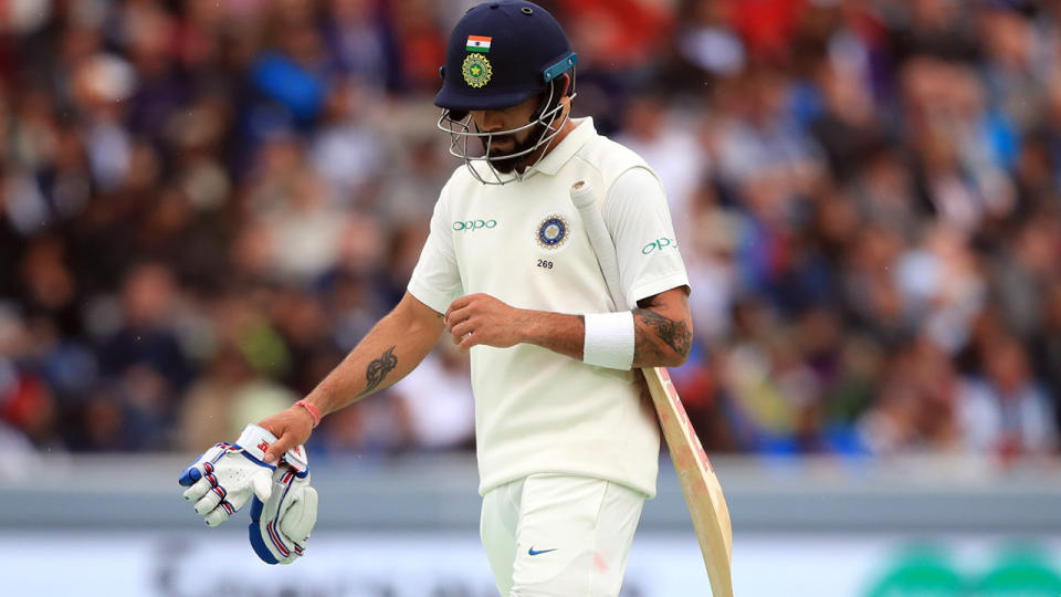 Virat Kohli walks off after being caught out during day four of the Specsavers Second Test match at Lord’s, London. (Photo by Adam Davy/PA Images via Getty Images)