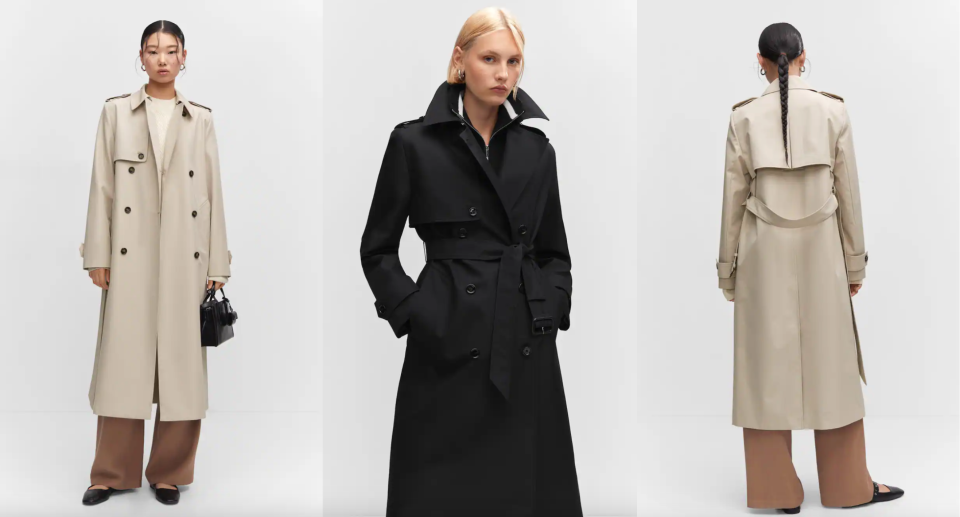 models wearing beige and black Waterproof Double Breasted Trench Coat (photos via Mango)