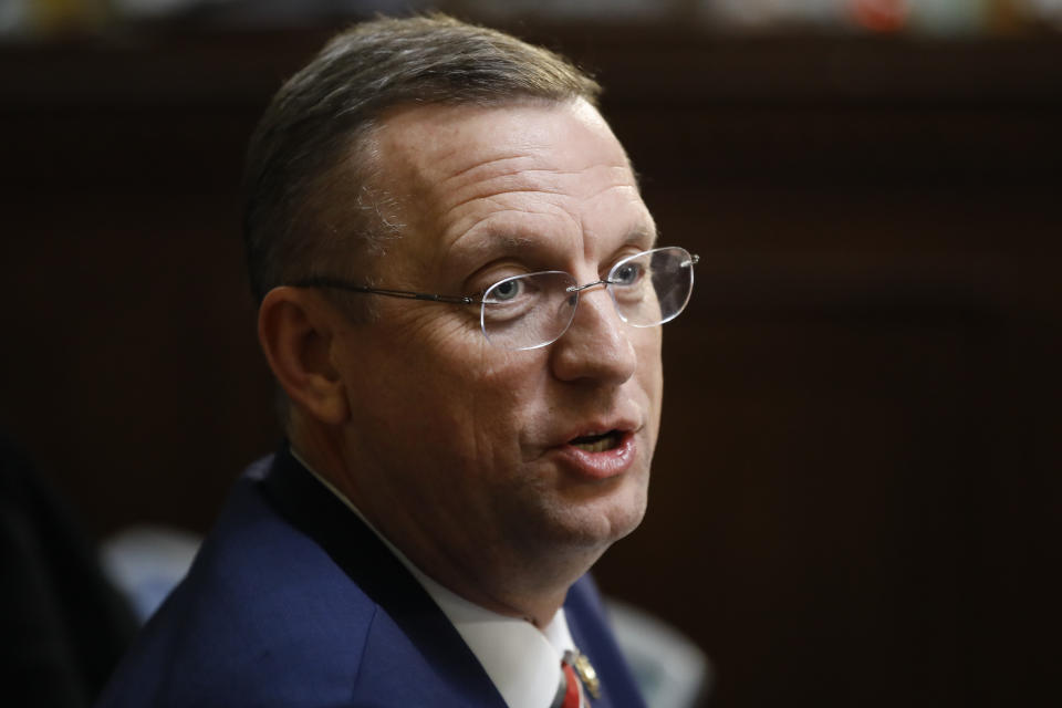 FILE- In this Dec. 17, 2019 file photo, Rep. Doug Collins, R-Ga., speaks during a House Rules Committee hearing on the impeachment against President Donald Trump on Capitol Hill in Washington. Collins announced that he's running for the U.S. Senate seat held by a fellow Republican, setting up a battle that could divide the state party this election year. Collins made the announcement Wednesday, Jan. 29, 2020 on Fox & Friends. (AP Photo/Matt Rourke, File)