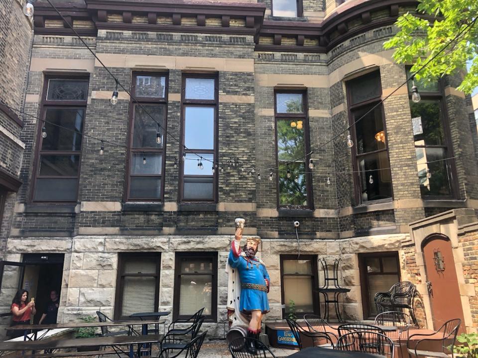 A statue of King Gambrinus, the patron saint of beer, stands in the courtyard at the historic Pabst Brewing Co. complex in Milwaukee.