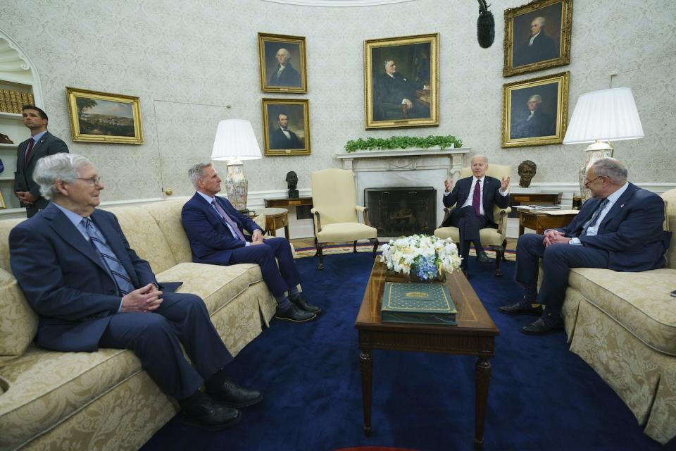Little has come out of fiscal negotiations between Mitch McConnell, left, Kevin McCarthy, second from left, President Joe Biden, second from right, and Chuck Schumer. <a href="https://newsroom.ap.org/detail/CongressDebtLimit/96a3bb6abb544bc98158ccfb77f4c61d/photo?Query=biden%20mccarthy&mediaType=photo&sortBy=arrivaldatetime:desc&dateRange=Anytime&totalCount=666&currentItemNo=1" rel="nofollow noopener" target="_blank" data-ylk="slk:AP Photo/Evan Vucci;elm:context_link;itc:0;sec:content-canvas" class="link ">AP Photo/Evan Vucci</a>