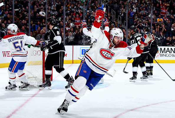 LOS ANGELES, CA - DECEMBER 4: Alexander Radulov #47 and David Desharnais #51 of the Montreal Canadiens celebrate a goal in the second period against Drew Doughty #8 of the Los Angeles Kings during the game on December 4, 2016 at Staples Center in Los Angeles, California. (Photo by Juan Ocampo/NHLI via Getty Images)