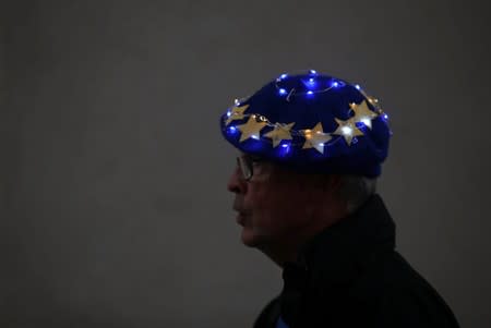 Anti-Brexit demonstrator is seen outside the Houses of Parliament in London