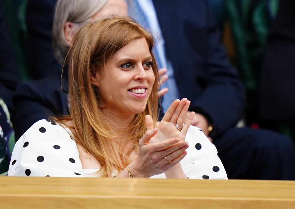 LONDON, ENGLAND - JULY 08:  Princess Beatrice looks on ahead of the start of the Ladies' Singles Semi-Final matches on centre court during Day Ten of The Championships - Wimbledon 2021 at All England Lawn Tennis and Croquet Club on July 08, 2021 in London, England. (Photo by Mike Hewitt/Getty Images)