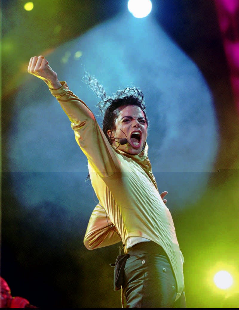 American pop star Michael Jackson performs in his "Dangerous" world tour concert in front of 40,000 screaming fans at the Municipal Stadium in Taipei, Taiwan, Monday, Sept. 6, 1993. This is his second concert in Taipei. (AP Photo/Eddie)