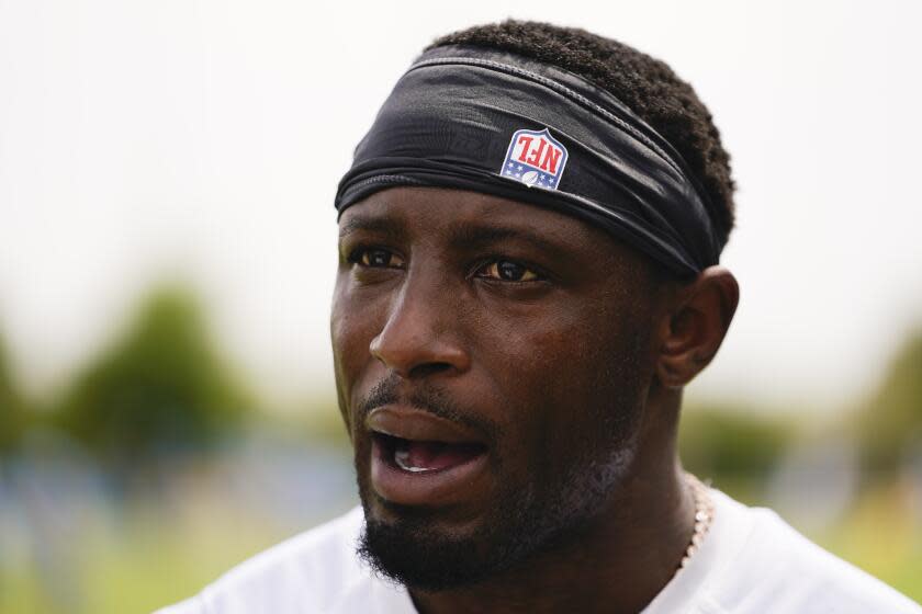 Chargers cornerback J.C. Jackson speaks during training camp.