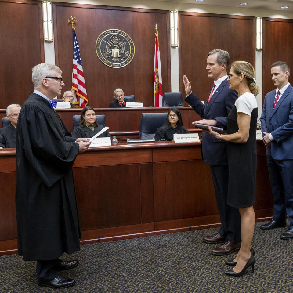 Lawrence Keefe takes the Oath of Office as the U.S. Attorney for the Northern District of Florida from Mark Walker, left, Chief United States District Judge on April 12, 2019 in Tallahassee, Fla. (Colin Hackley / U.S. Attorneys Office Northern District of Florida )