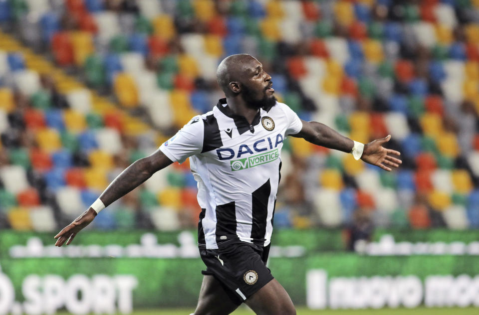 Udinense's Seco Fofana celebrates after he scored his side's second goal during a Serie A Soccer match between Udinese and Juventus, in Udine, Italy, Thursday, July 23, 2020. (Andrea Bessanutti/LaPresse via AP)