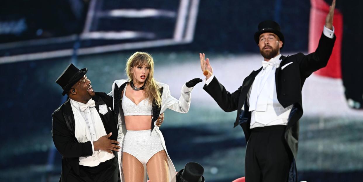 london, england june 23 editorial use only no book covers exclusive access taylor swift is joined on stage by travis kelce r, during taylor swift  the eras tour at wembley stadium on june 23, 2024 in london, england photo by gareth cattermoletas24getty images for tas rights management 