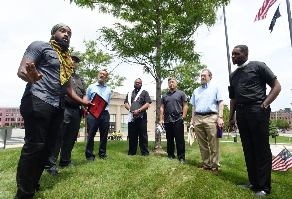 Brockton Interfaith Community clergy caucus held a public action at city hall plaza in Brockton on Sunday, June 27, 2021.