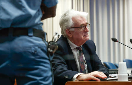 Former Bosnian Serb leader Radovan Karadzic appears in a courtroom before the International Residual Mechanism for Criminal Tribunals (MICT), which is handling outstanding war crimes cases for the Balkans and Rwanda, in The Hague, Netherlands, April 24, 2018. REUTERS/Yves Herman/Pool