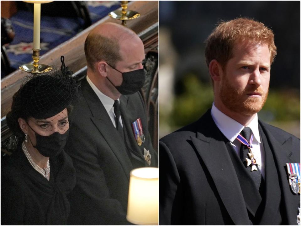 At left, Prince William and Kate Middleton at Prince Philip's funeral. At right, Harry at Philip's funeral.