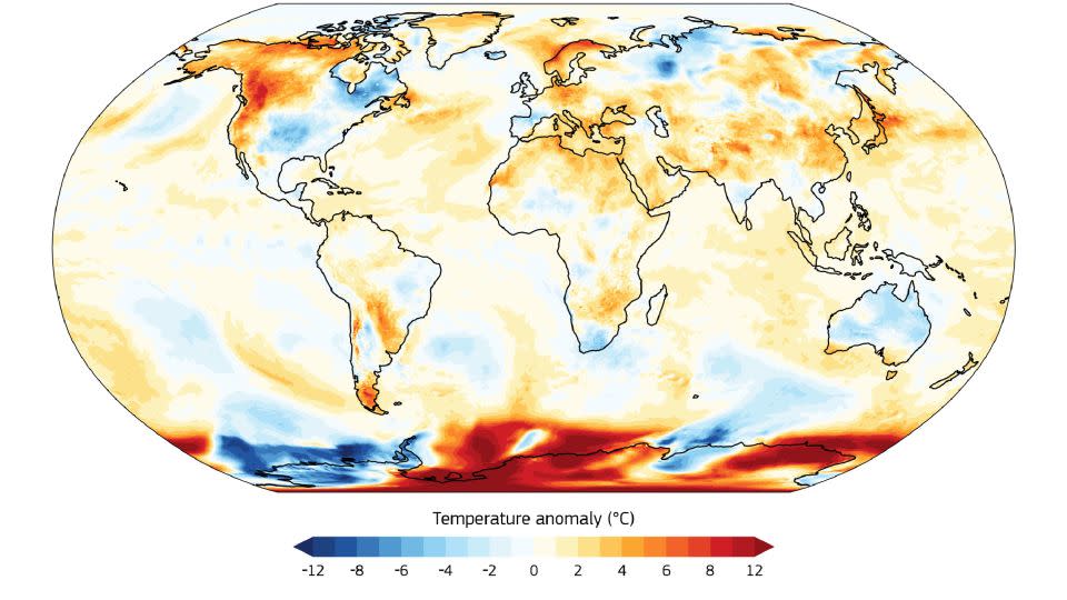 Diese Karte zeigt den Unterschied zwischen den Sonntagstemperaturen und der Durchschnittstemperatur des Planeten (1991-2020).  Datenquelle: ERA5.  - C3S/ECMWF