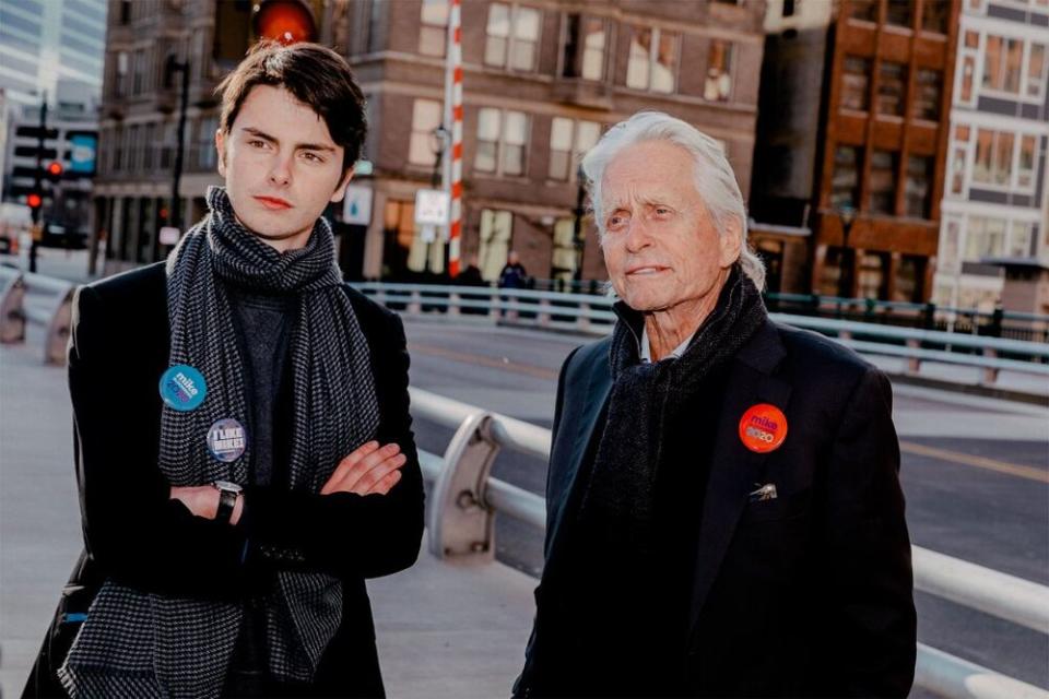 Michael Douglas (right) with son Dylan campaigning for presidential candidate Mike Bloomberg in Wisconsin on Saturday | Mike Bloomberg 2020