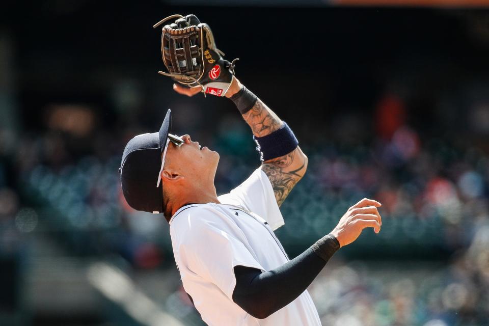 Detroit Tigers third base Gio Urshela (13) catches the ball for a fly out against Oakland Athletics during the fifth inning at Comerica Park in Detroit on Saturday, April 6, 2024.