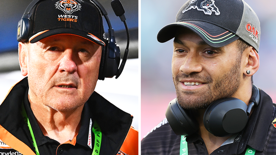 Tigers coach Tim Sheens (pictured left) during a match and (pictured right) Api Koroisau during training.