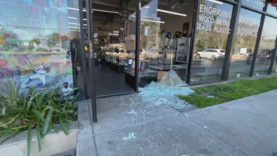 A suspect wanted for smashing glass windows and doors in a series of possible hate crimes targeting stores in the San Fernando Valley in January 2024.