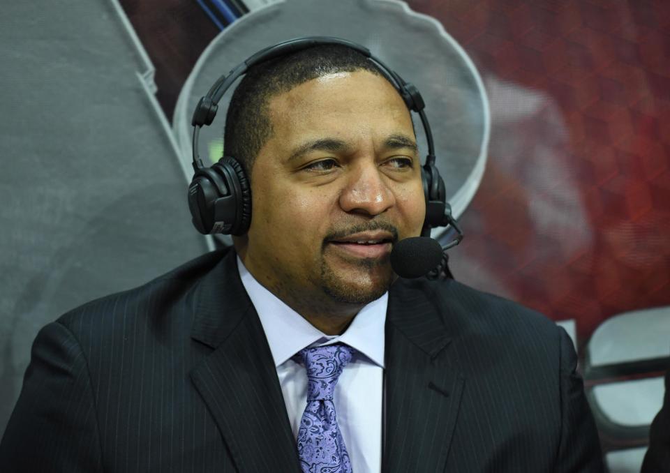 ESPN broadcaster Mark Jackson reacts during a NBA basketball game between the Houston Rockets and the Los Angeles Clippers at Staples Center on Mar 1, 2017.