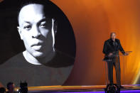 Dr. Dre accepts the Dr. Dre global impact award at the 65th annual Grammy Awards on Sunday, Feb. 5, 2023, in Los Angeles. (AP Photo/Chris Pizzello)