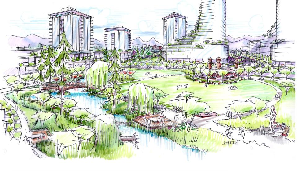A rendering of a waterway flowing through the Heather Street Lands development