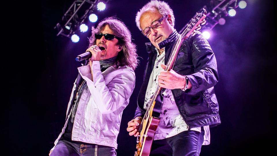 Mick Jones, right, founding member and guitarist for Foreigner, and band singer Kelly Hansen. Foreigner will play Wednesday at the Old National Events Plaza as part of the national tour.